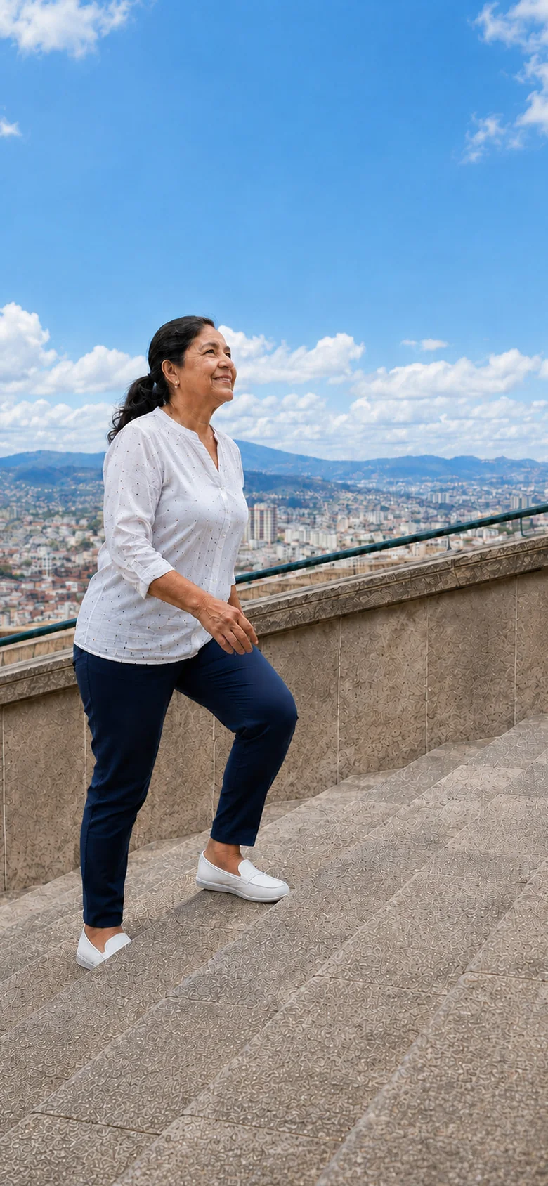 Mujer colombiana subiendo una escalera urbana, sonriendo