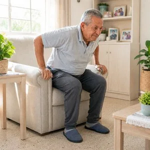 Hombre haciendo un esfuerzo y apoyándose con las manos para levantarse de un sillón
