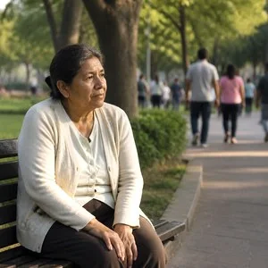 Mujer sentada sola en una banca de un parque a la luz del día, viendo pasar a otras personas