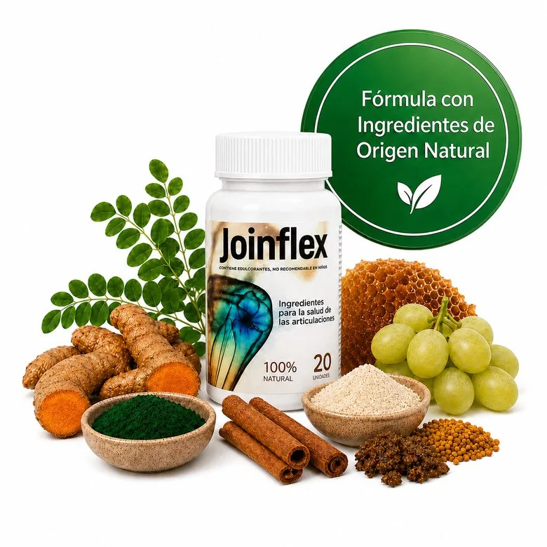 Frasco de Joinflex rodeado de cúrcuma, espirulina, canela, uvas y otros ingredientes naturales, con el sello Fórmula con Ingredientes de Origen Natural