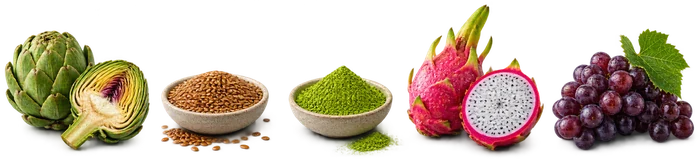 Alcachofa, linaza, matcha, pitahaya y uva