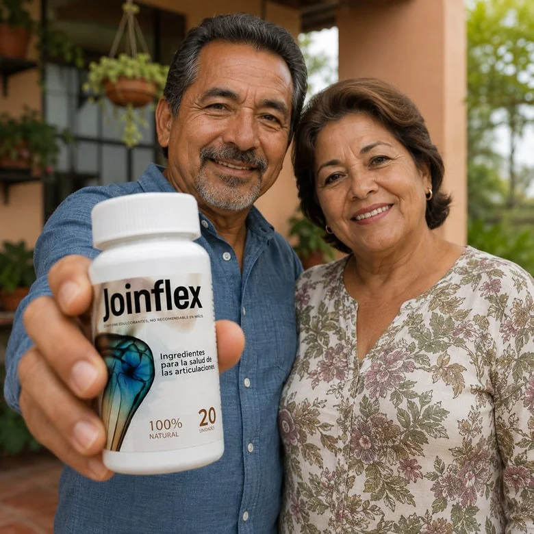 Pareja colombiana sonriendo, sosteniendo un frasco de Joinflex