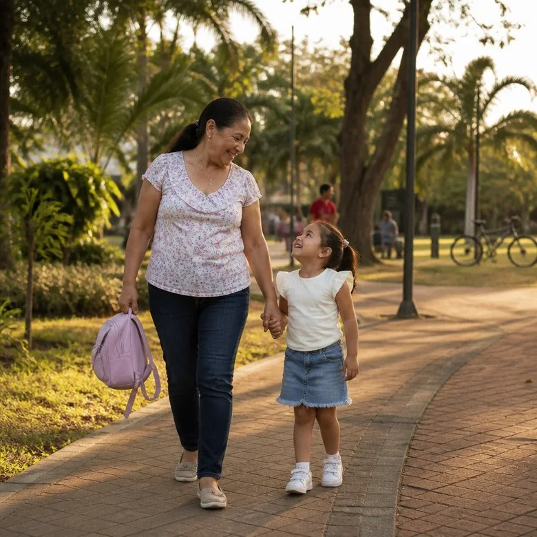 Abuela caminando de la mano con su nieta en un parque