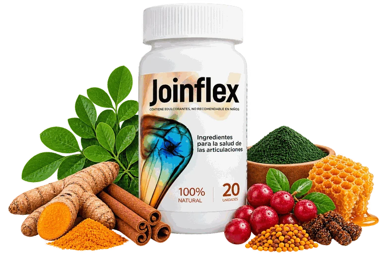 Frasco de Joinflex rodeado de sus ingredientes naturales: cúrcuma, canela, moringa, espirulina, arándanos y miel